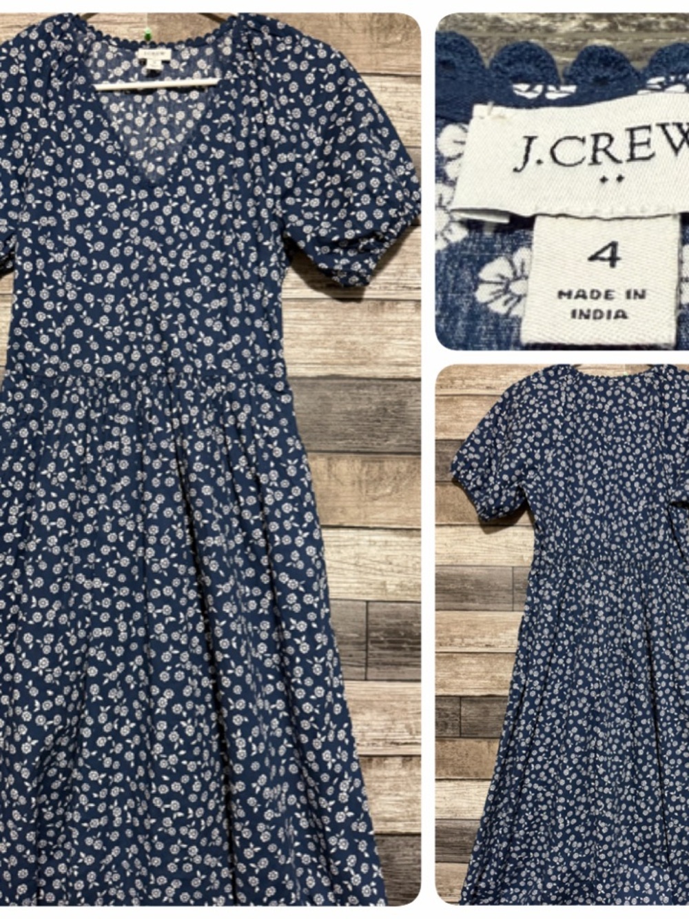 J Crew Factory Printed Lace Trim Floral Midi Dress Women’s 4 Navy Blue White